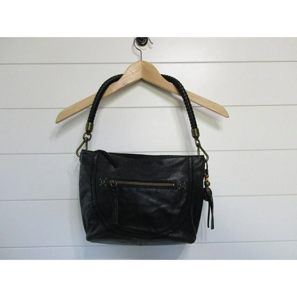 The Sak Women's Indio Hobo Leather Shoulder Bag Purse Black Braided Strap‎ Boho